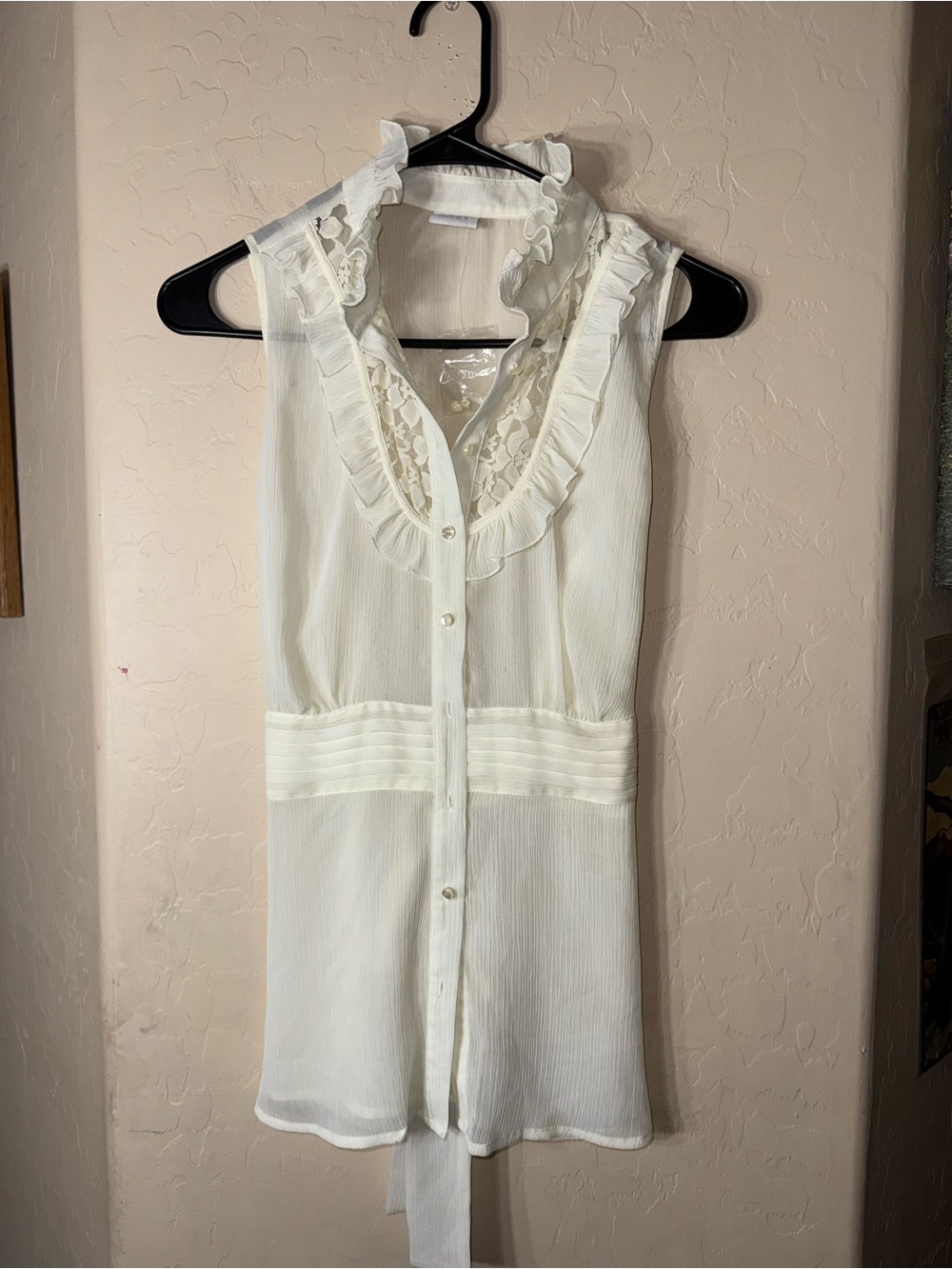 Suzy White Sheer Lace Ruffle Sleeveless Button Front Blouse Top XL
